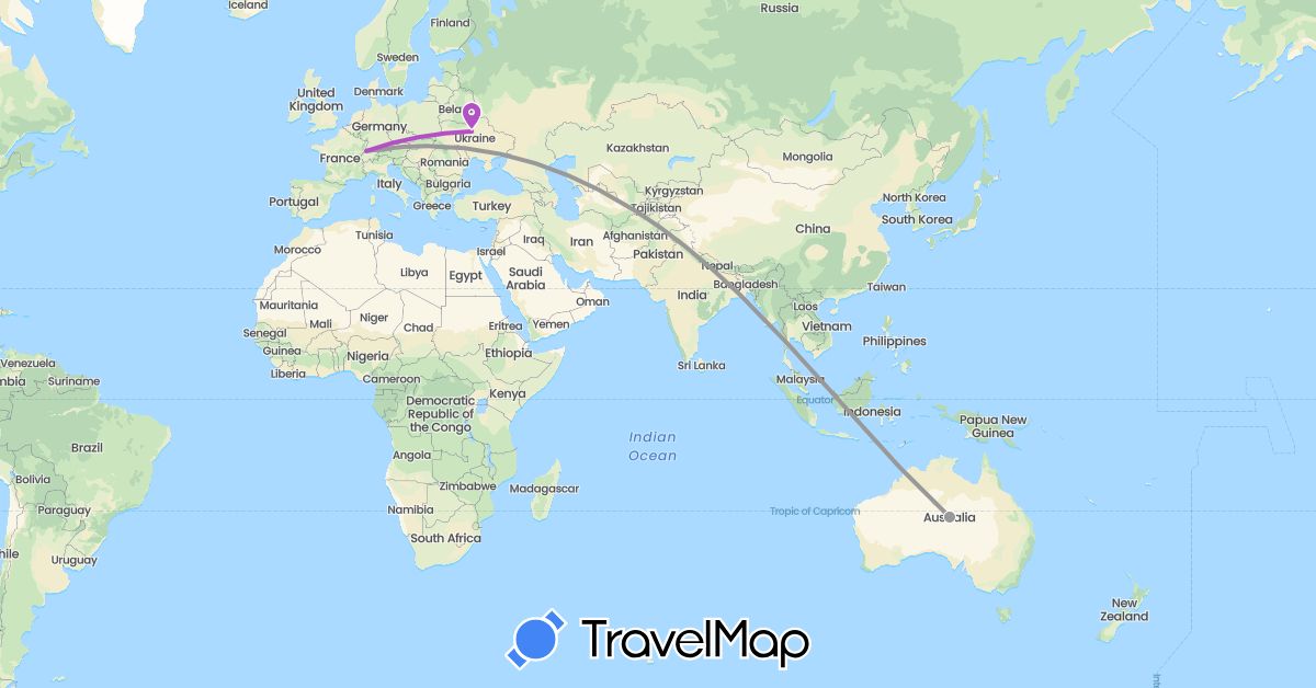TravelMap itinerary: driving, plane, train in Australia, Germany, Ukraine (Europe, Oceania)